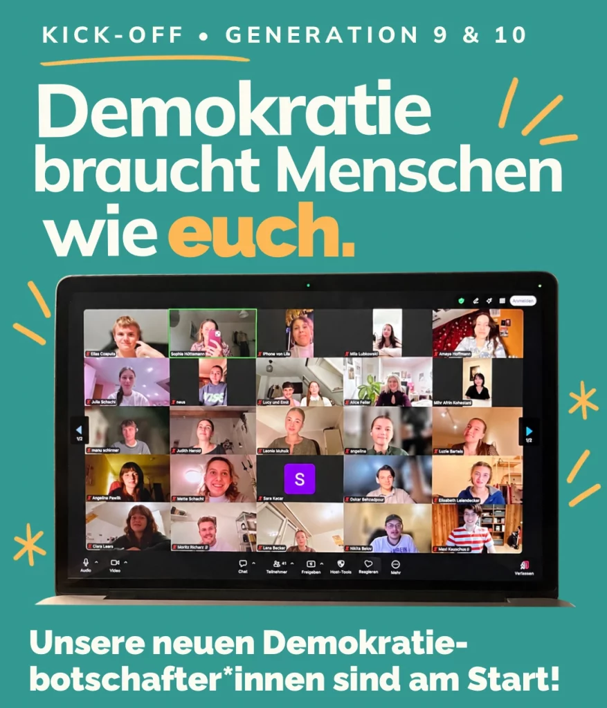 Demokratie braucht Menschen wie euch. - Bildschirmfoto vom Online-Kick-Off am 01.10.2026